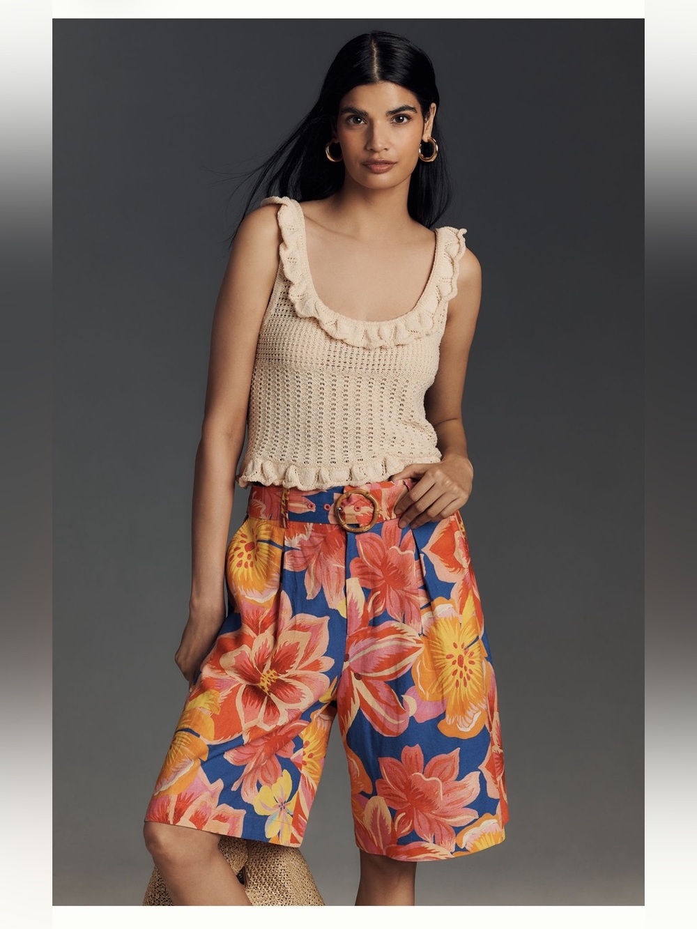 Floral Print High-Waist, Wide Leg, Knee Length Linen Shorts in Blue/Pink/Yellow - Picture 5 of 8